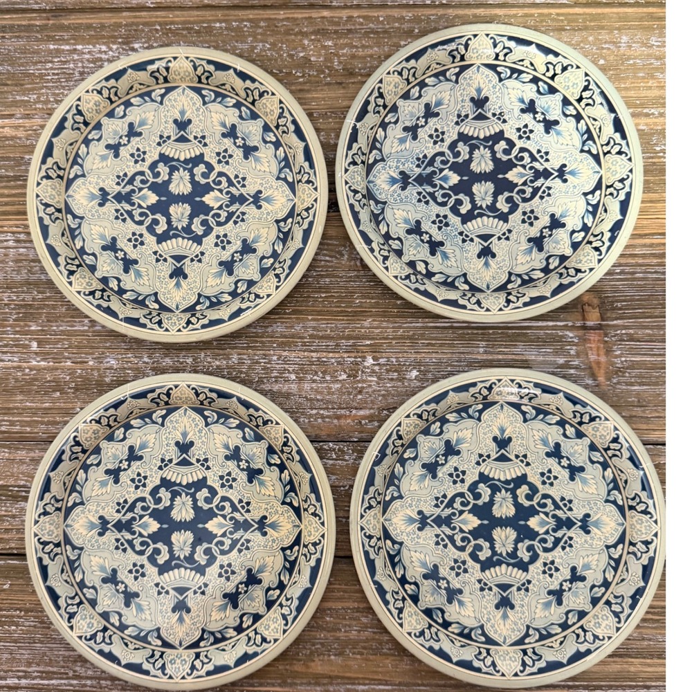 Vintage Delft Metal Coasters Set of 4 Blue Cream Floral Cottagecore Farmhouse